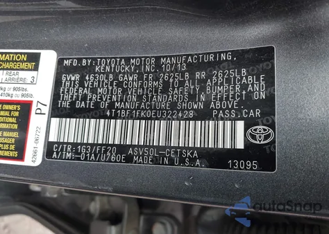 2014 Toyota Camry Se z USA, uszkodzony, nr VIN 4T1BF1FK0EU322428